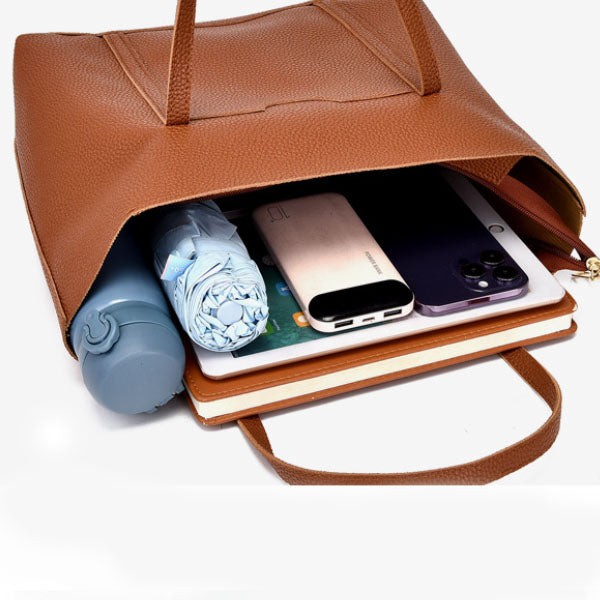 Stylish Lychee Pattern PU Leather Tote Bags Set Spacious Premium Quality Zipper Closure Perfect for Fashionable Women! - Shop N Save