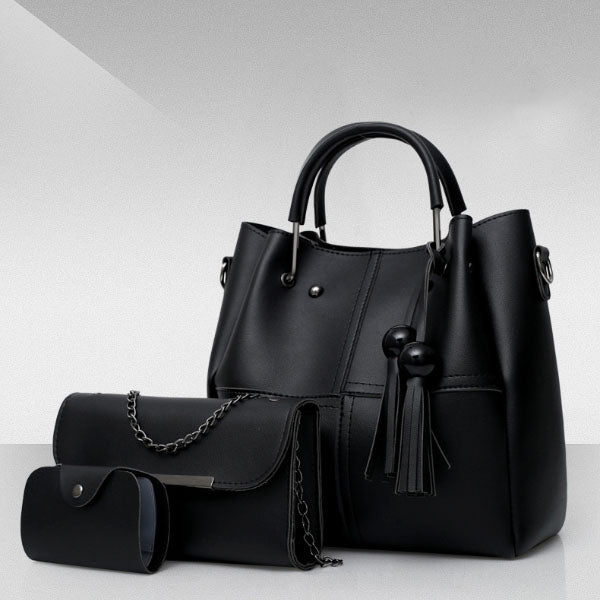 Stylish 3-Piece Women\'s Bag Set Double Handle Zipper Closure Synthetic Leather Black Multifunctional