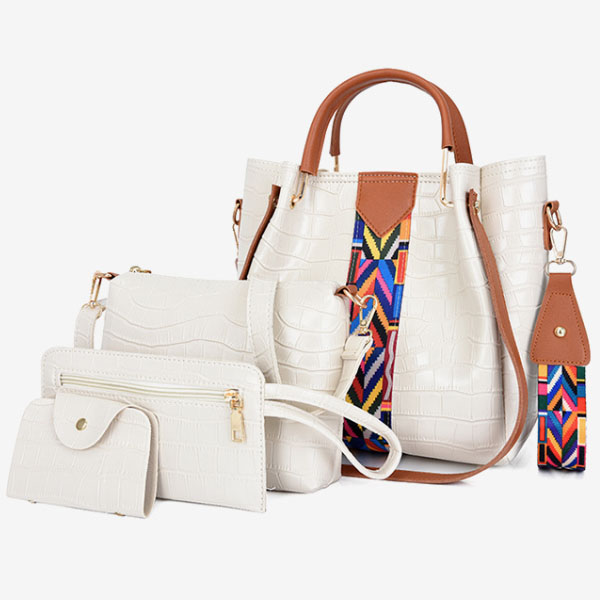 Stylish Crocodile Pattern Faux Leather 4-Piece Women's Handbag Set with Double Handle Zipper Closure White