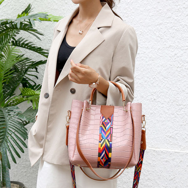 Stylish Crocodile Pattern Pink Faux Leather 4-Piece Women\'s Handbag Set with Double Handle and Canvas Interior - Shop N Save