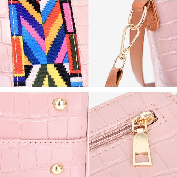 Stylish Crocodile Pattern Pink Faux Leather 4-Piece Women\'s Handbag Set with Double Handle and Canvas Interior - Shop N Save