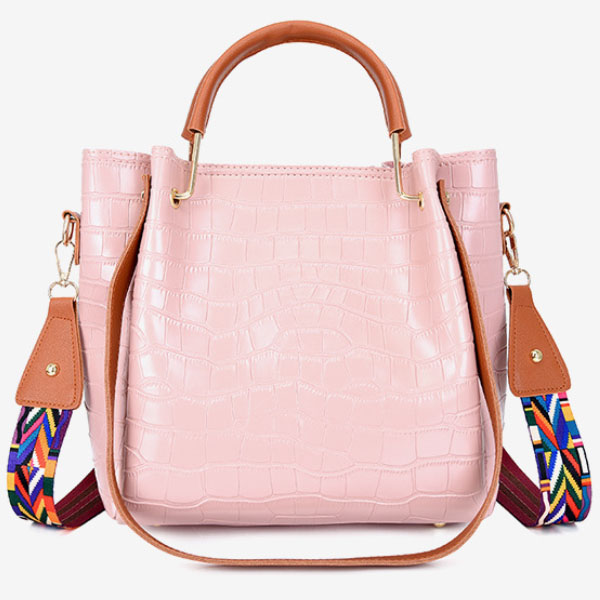 Stylish Crocodile Pattern Pink Faux Leather 4-Piece Women\'s Handbag Set with Double Handle and Canvas Interior - Shop N Save