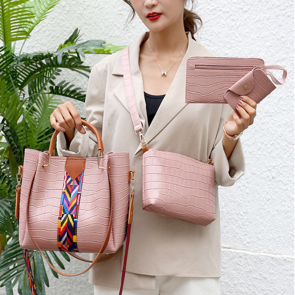 Stylish Crocodile Pattern Pink Faux Leather 4-Piece Women\'s Handbag Set with Double Handle and Canvas Interior - Shop N Save