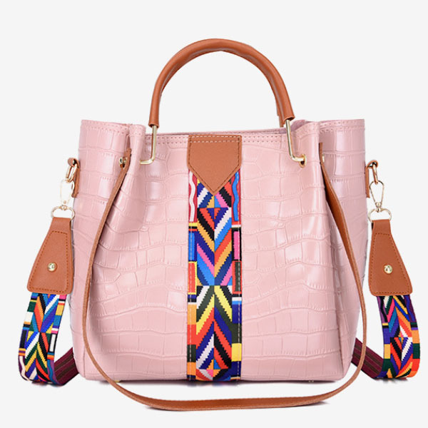 Stylish Crocodile Pattern Pink Faux Leather 4-Piece Women\'s Handbag Set with Double Handle and Canvas Interior - Shop N Save