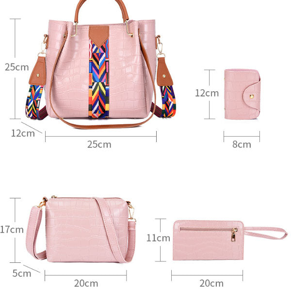 Stylish Crocodile Pattern Pink Faux Leather 4-Piece Women\'s Handbag Set with Double Handle and Canvas Interior - Shop N Save