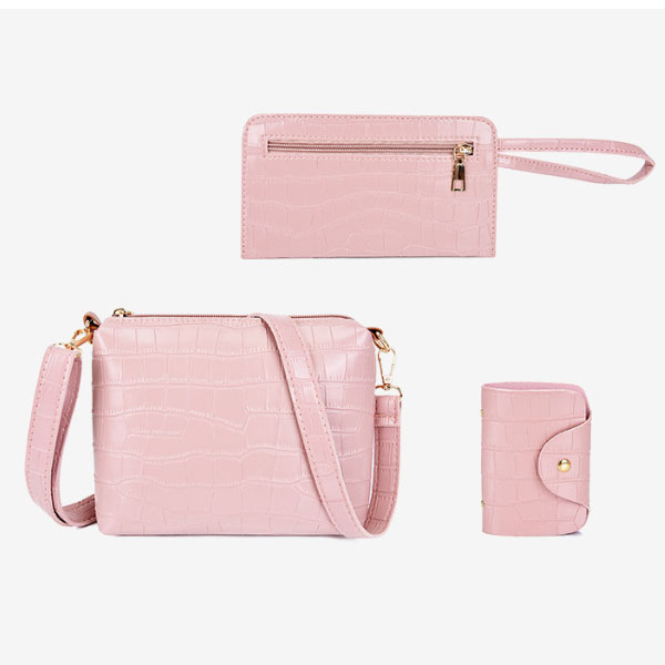 Stylish Crocodile Pattern Pink Faux Leather 4-Piece Women\'s Handbag Set with Double Handle and Canvas Interior - Shop N Save