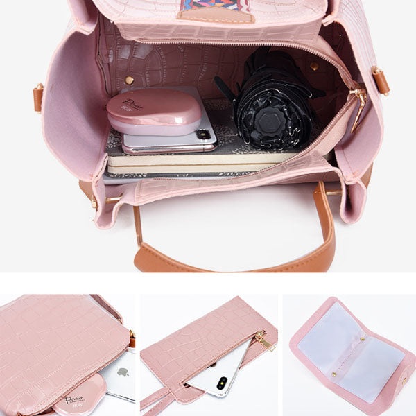 Stylish Crocodile Pattern Pink Faux Leather 4-Piece Women\'s Handbag Set with Double Handle and Canvas Interior - Shop N Save