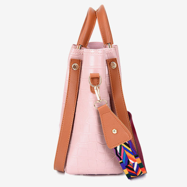 Stylish Crocodile Pattern Pink Faux Leather 4-Piece Women\'s Handbag Set with Double Handle and Canvas Interior - Shop N Save