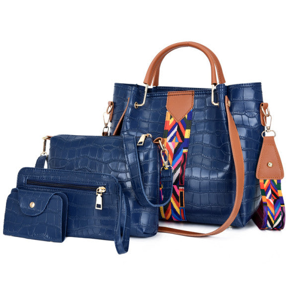 Stylish Crocodile Pattern Women's 4-Piece Faux Leather Handbag Set Zipper Closure Double Handles Blue Shades