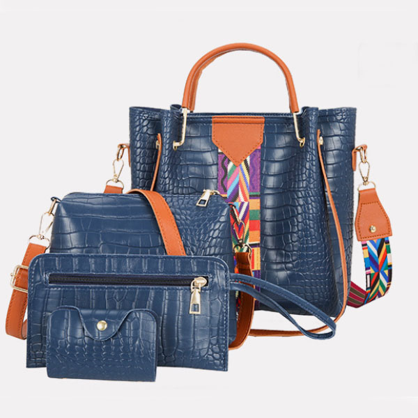 Stylish Crocodile Pattern Women's 4-Piece Faux Leather Handbag Set Zipper Closure Double Handles Blue Shades