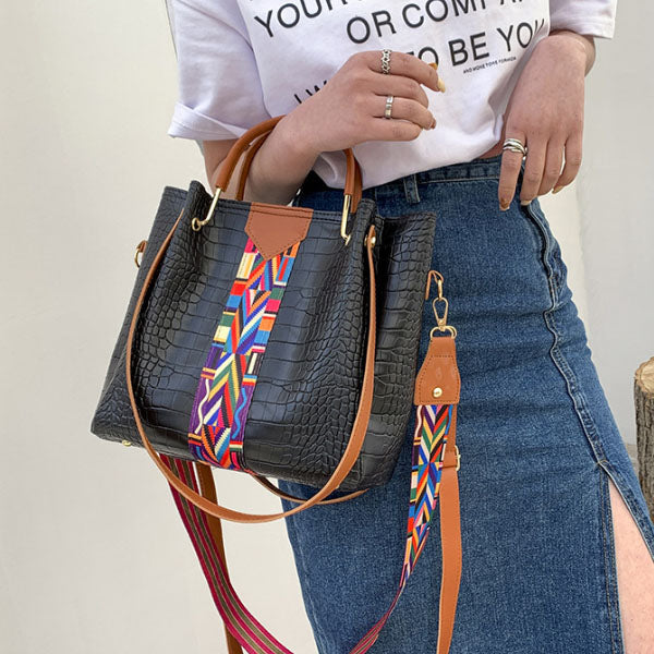 Stylish Women\'s 4-Piece Crocodile Patterned Faux Leather Bag Set High Quality Double Handle Zipper Closure Canvas Interior Black - Shop N Save