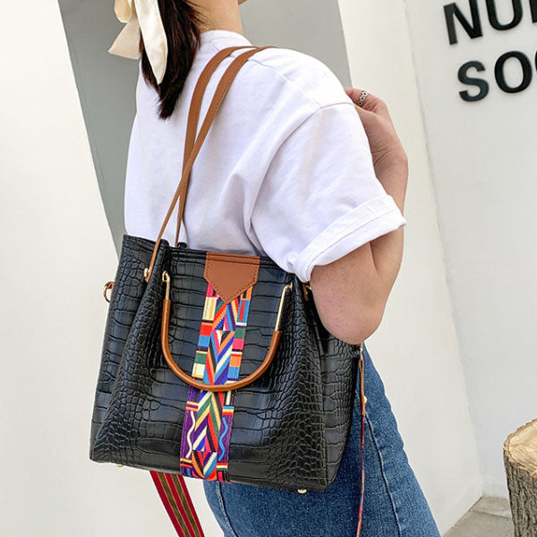 Stylish Women\'s 4-Piece Crocodile Patterned Faux Leather Bag Set High Quality Double Handle Zipper Closure Canvas Interior Black - Shop N Save