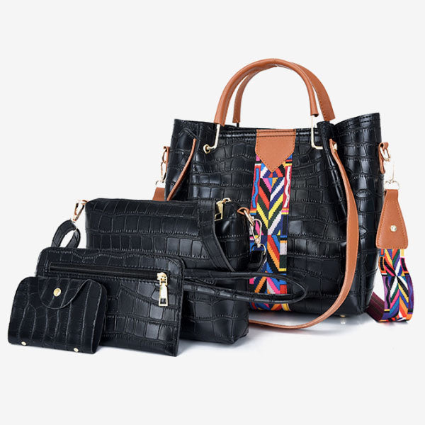 Stylish Women\'s 4-Piece Crocodile Patterned Faux Leather Bag Set High Quality Double Handle Zipper Closure Canvas Interior Black - Shop N Save