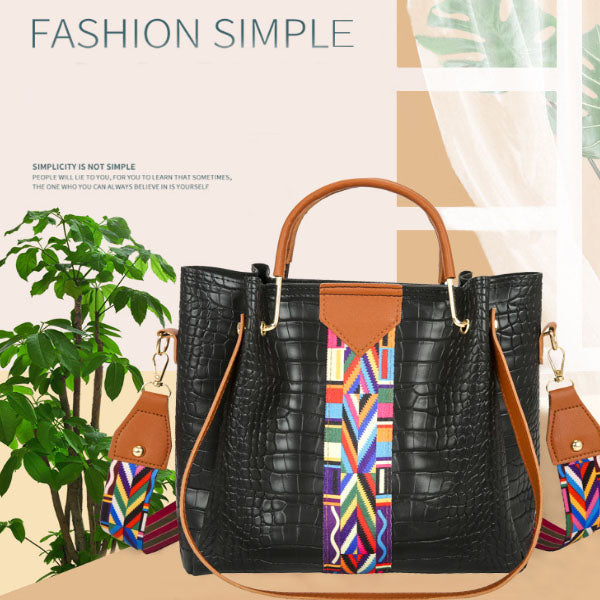 Stylish Women\'s 4-Piece Crocodile Patterned Faux Leather Bag Set High Quality Double Handle Zipper Closure Canvas Interior Black - Shop N Save