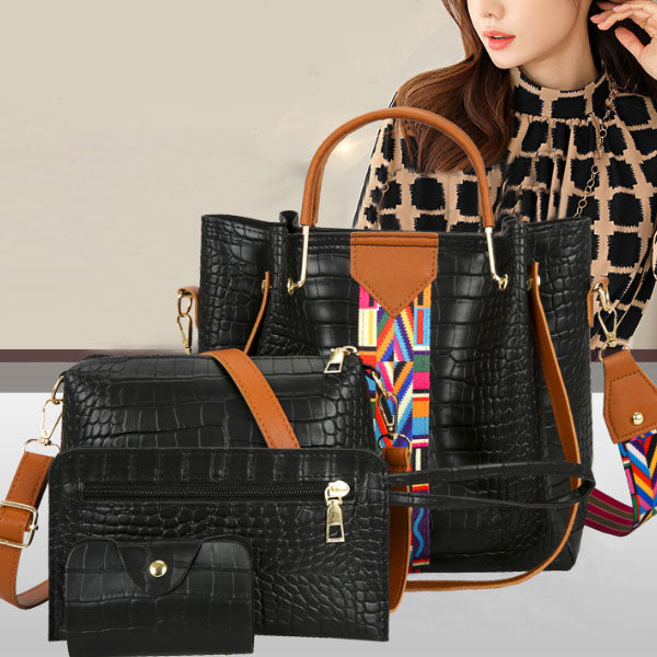Stylish Women\'s 4-Piece Crocodile Patterned Faux Leather Bag Set High Quality Double Handle Zipper Closure Canvas Interior Black - Shop N Save