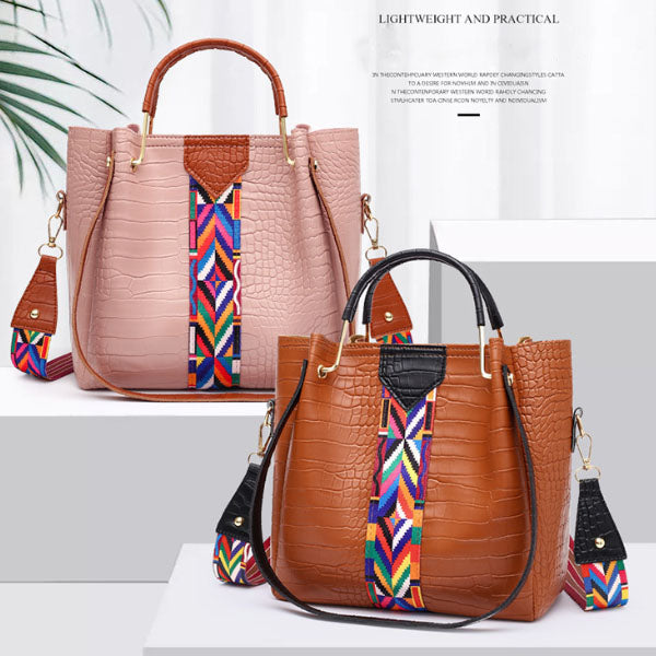 Stylish Crocodile Pattern Faux Leather Women's 4-Piece Handbag Set in Brown- Zippered Closure Double Handles High Quality