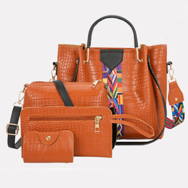 Stylish Crocodile Pattern Faux Leather Women's 4-Piece Handbag Set in Brown- Zippered Closure Double Handles High Quality