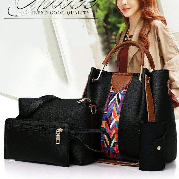 Luxury Black 4-Piece Women\'s Handbag Set Spacious Stylish Adjustable Strap and Double Handles Ideal for Daily Fashion Needs