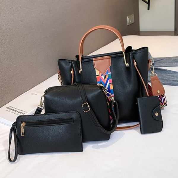 Luxury Black 4-Piece Women\'s Handbag Set Spacious Stylish Adjustable Strap and Double Handles Ideal for Daily Fashion Needs