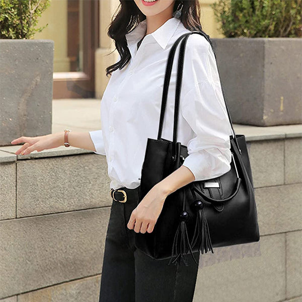 Fashionable Women\'s Synthetic Leather Three-Piece Bag Set Spacious High-Quality Double Handle Shoulder Bag Trio with Zipper Closure!