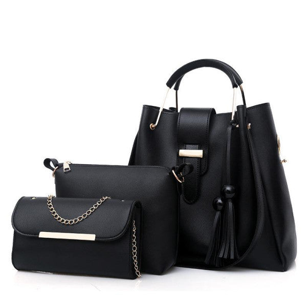 Fashionable Women\'s Synthetic Leather Three-Piece Bag Set Spacious High-Quality Double Handle Shoulder Bag Trio with Zipper Closure!