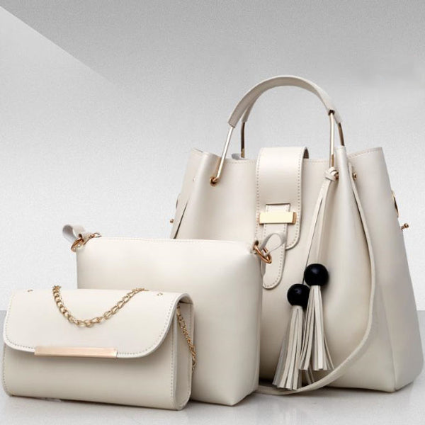 Stylish Cream White Women's 3-Piece Synthetic Leather Handbag Set Wide Capacity Double Handle Multifunctional Zipper Closure