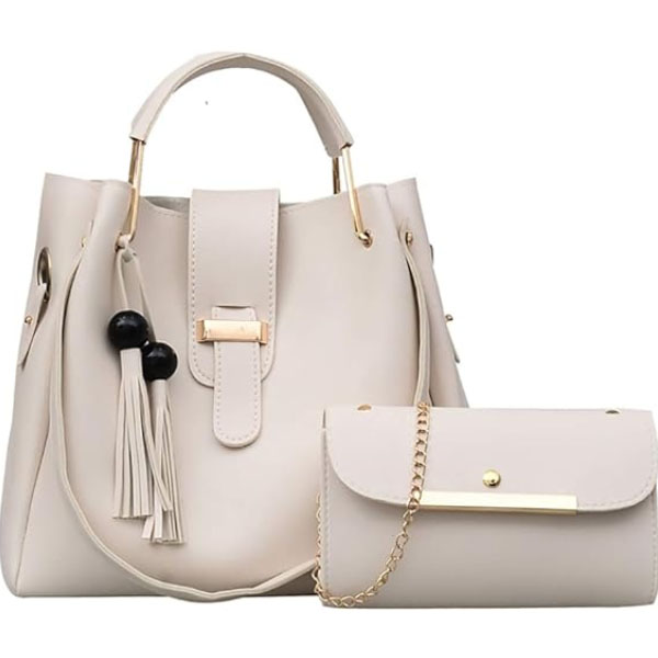 Stylish Cream White Women's 3-Piece Synthetic Leather Handbag Set Wide Capacity Double Handle Multifunctional Zipper Closure