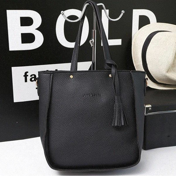Lychee Pattern Casual Women\'s Faux Leather Handbag Set 4 Pcs Double Handle Zipper Closure Medium Size Black - Shop N Save