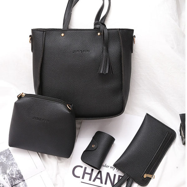 Lychee Pattern Casual Women\'s Faux Leather Handbag Set 4 Pcs Double Handle Zipper Closure Medium Size Black - Shop N Save