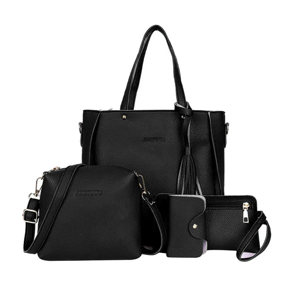 Lychee Pattern Casual Women\'s Faux Leather Handbag Set 4 Pcs Double Handle Zipper Closure Medium Size Black - Shop N Save