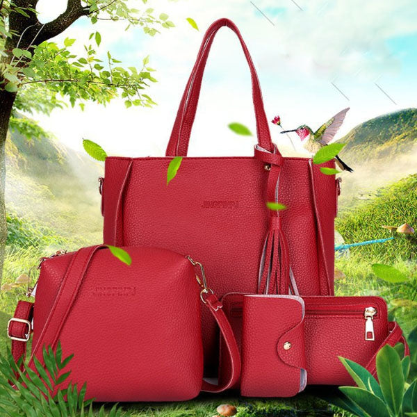 Stylish Wine Red Faux Leather Bucket Shape 4-Piece Women\'s Handbag Set Zipper Closure Double Handles Ideal for Casual Style - Shop N Save