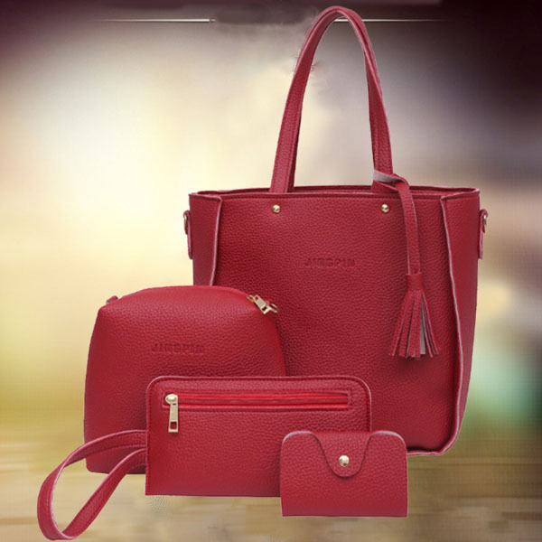 Stylish Wine Red Faux Leather Bucket Shape 4-Piece Women\'s Handbag Set Zipper Closure Double Handles Ideal for Casual Style - Shop N Save