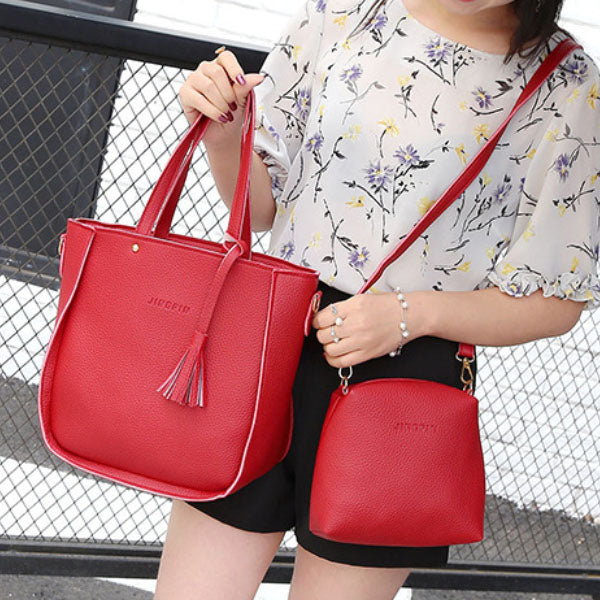 Stylish Wine Red Faux Leather Bucket Shape 4-Piece Women\'s Handbag Set Zipper Closure Double Handles Ideal for Casual Style - Shop N Save