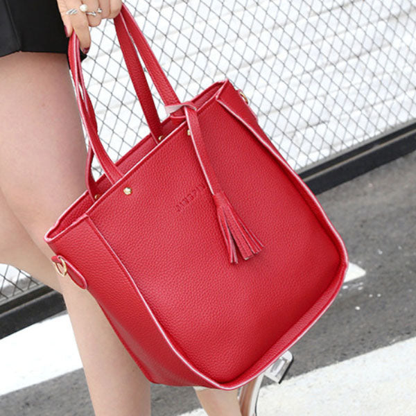 Stylish Wine Red Faux Leather Bucket Shape 4-Piece Women\'s Handbag Set Zipper Closure Double Handles Ideal for Casual Style - Shop N Save