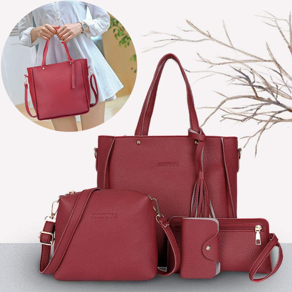 Stylish Wine Red Faux Leather Bucket Shape 4-Piece Women\'s Handbag Set Zipper Closure Double Handles Ideal for Casual Style - Shop N Save