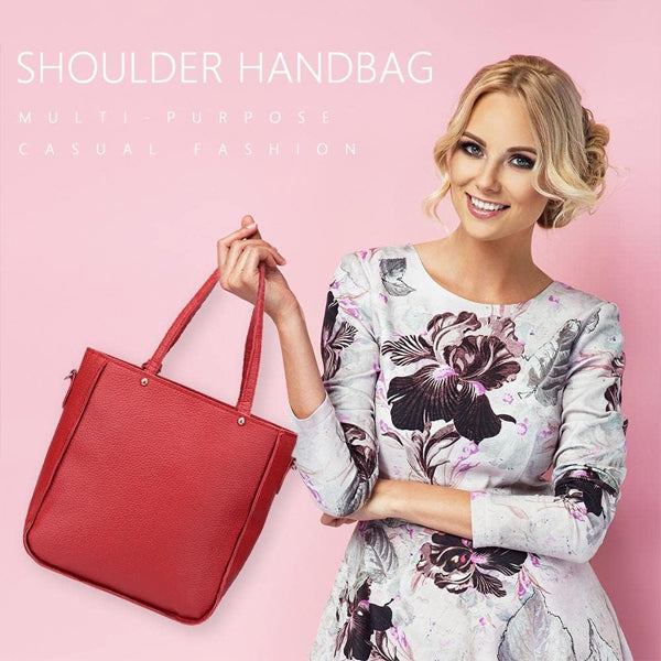 Stylish Wine Red Faux Leather Bucket Shape 4-Piece Women\'s Handbag Set Zipper Closure Double Handles Ideal for Casual Style - Shop N Save