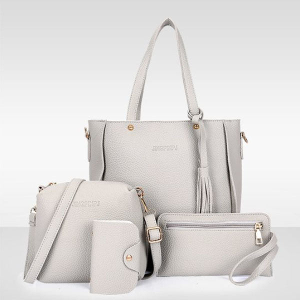 Stylish Faux Leather Women's Handbag Set, Double Handle, Zipper Closure, Medium Size, 4-Pcs Bucket Shape Bags Set in Gray