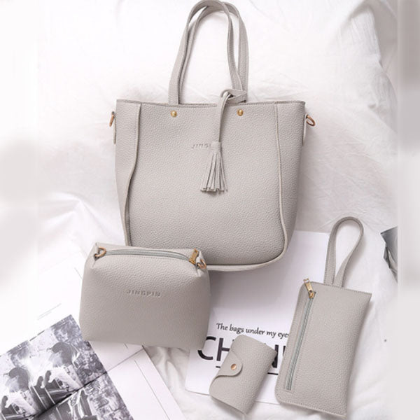 Stylish Faux Leather Women's Handbag Set, Double Handle, Zipper Closure, Medium Size, 4-Pcs Bucket Shape Bags Set in Gray
