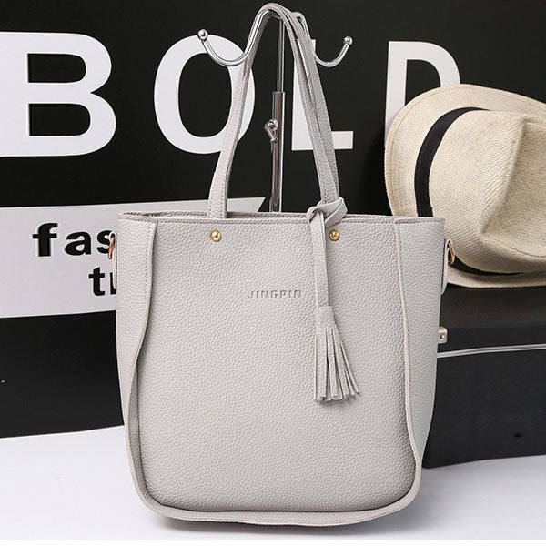 Stylish Faux Leather Women's Handbag Set, Double Handle, Zipper Closure, Medium Size, 4-Pcs Bucket Shape Bags Set in Gray