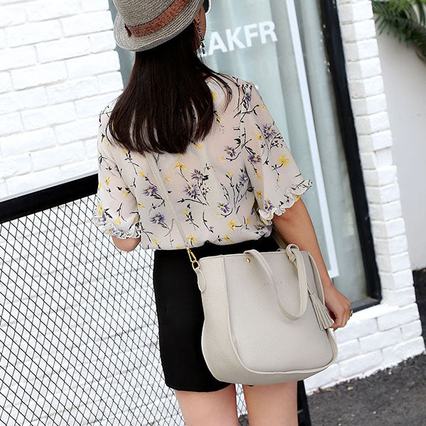 Stylish Faux Leather Women's Handbag Set, Double Handle, Zipper Closure, Medium Size, 4-Pcs Bucket Shape Bags Set in Gray