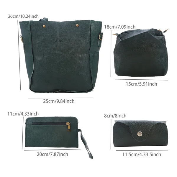 Stylish Faux Leather Women's Handbag Set, Double Handle, Zipper Closure, Medium Size, 4-Pcs Bucket Shape Bags Set in Gray