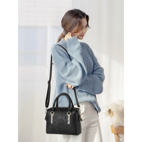 Floral Embroidered Design PU Leather Handbags - Black - Shop N Save