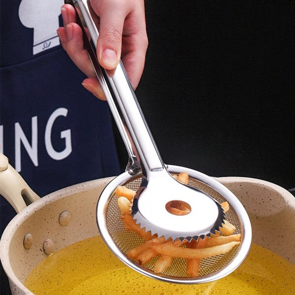 2 in 1 Stainless Steel Fry Oil Filter Clip Spoon - Silver