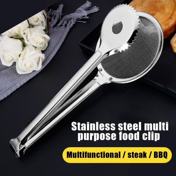 2 in 1 Stainless Steel Fry Oil Filter Clip Spoon - Silver