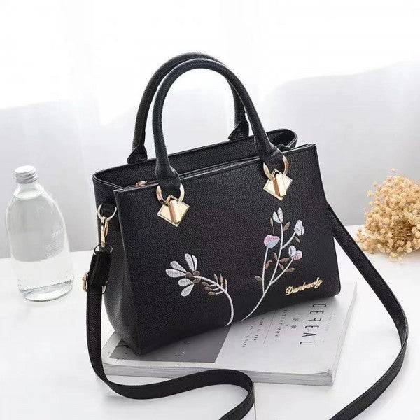 Ladies High Quality Flower Embroidered Handbag - Black - Shop N Save