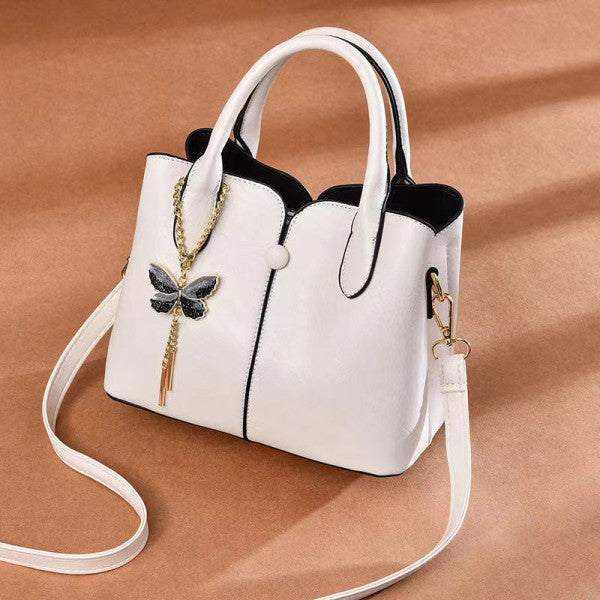 Elegant White Butterfly Tassel Women\'s Handbag Double Handle Zipper Closure PU Leather Polyester Interior 8 Pieces - Shop N Save