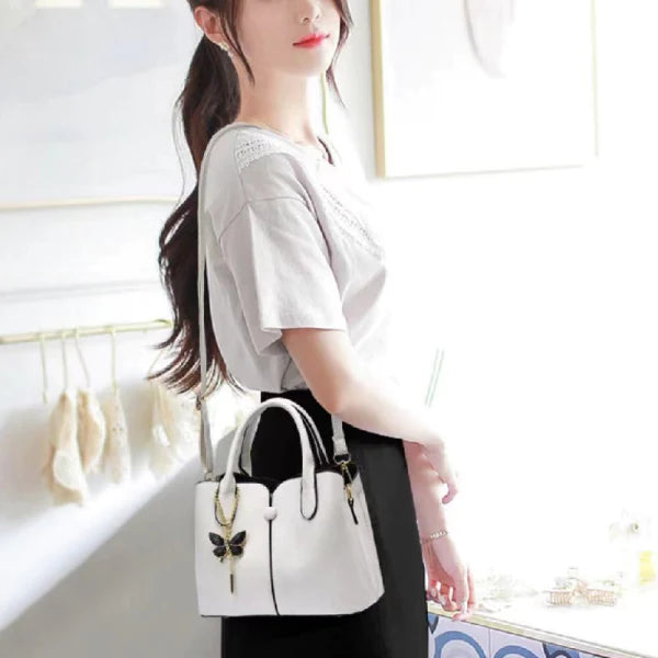 Elegant White Butterfly Tassel Women\'s Handbag Double Handle Zipper Closure PU Leather Polyester Interior 8 Pieces - Shop N Save