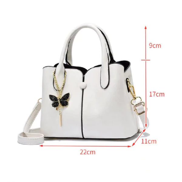 Elegant White Butterfly Tassel Women\'s Handbag Double Handle Zipper Closure PU Leather Polyester Interior 8 Pieces - Shop N Save