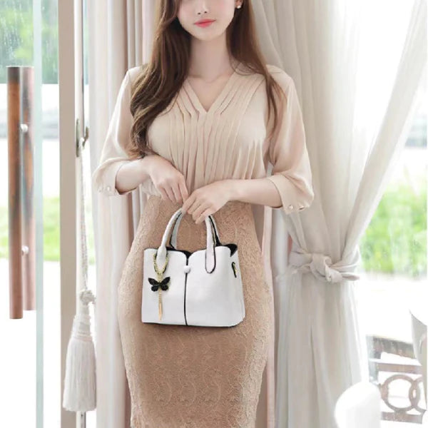 Elegant White Butterfly Tassel Women\'s Handbag Double Handle Zipper Closure PU Leather Polyester Interior 8 Pieces - Shop N Save