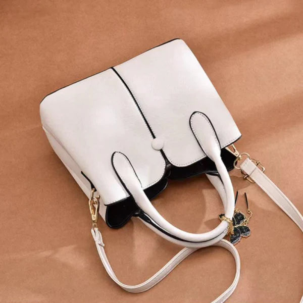 Elegant White Butterfly Tassel Women\'s Handbag Double Handle Zipper Closure PU Leather Polyester Interior 8 Pieces - Shop N Save